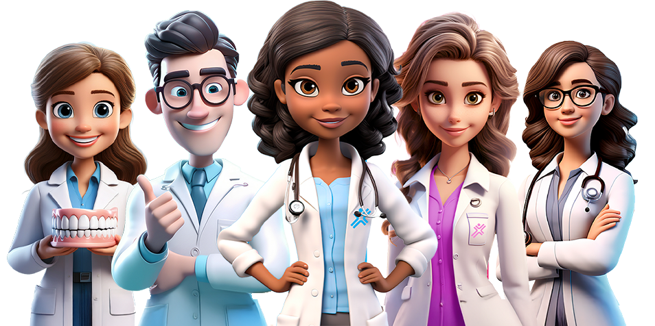 Cinco profissionais da saúde formados pelo Centea, em estilo de personagem 3D